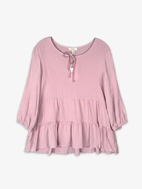 COMO BLU Tiered Peasant Blouse Top S Pink 3/4‎ Sleeve Flounce Hem Cottagecore